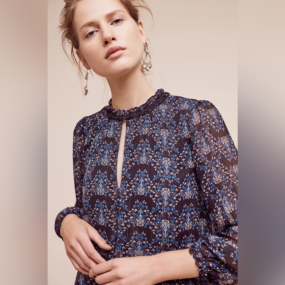 Anthropologie HD in Paris Riversong Swing Long Sleeve Metallic Floral Dress XS - Picture 3 of 10